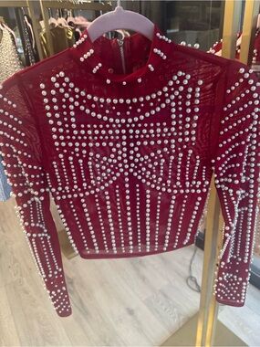 Red Pearl-Studded Mesh Long-Sleeve Top